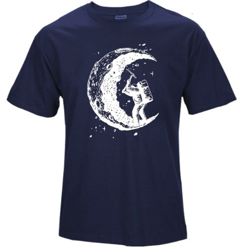 Digging The Moon Print Casual Men O-neck T-shirt